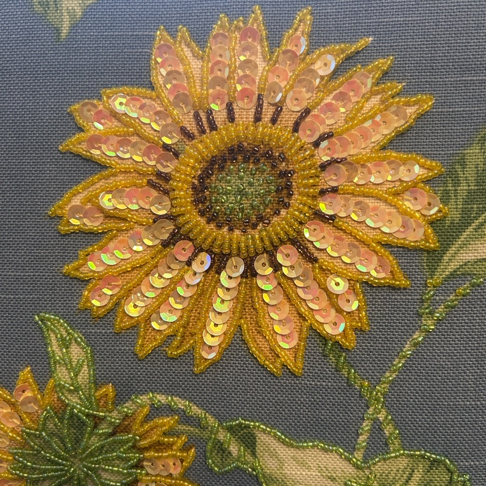 Embroidered Sunflower Top-Handle Bamboo Bag in Sage Green and Mustard - Picture 2 of 5